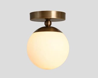 Mid Century Brass Globe Flush Mount Light | Frosted Glass Ceiling Fixture