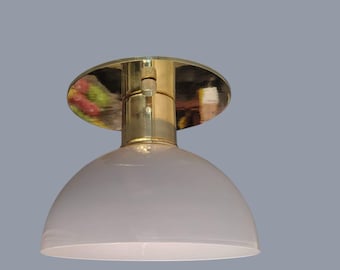 Brass Semi-Flush Mount Ceiling Light | Mid Century Modern Fixture, White Shade