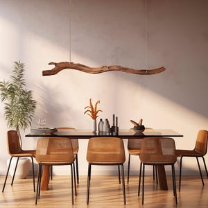 Driftwood LED Pendant Light | Rustic Linear Chandelier | Modern Wooden Hanging Light | Dining Table Fixture
