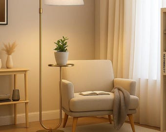 Lámpara de pie de latón antiguo con estante de mesa / Lámpara de pie LED moderna