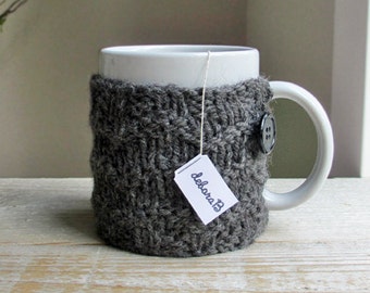 Coffee Cozy, Wool Coffee Sleeve, Knitted Cup Cozy, Reusable Coffee Mug Sleeve, Gift Under 25, Charcoal, Fathers Day Gift, Gift for Men Dad