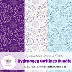 May include: A digital graphic featuring a seamless pattern of hydrangea outlines in three vertical color panels: deep purple, cream, and light blue. The text reads: Hand Drawn Seamless Pattern, Hydrangea Outlines Bundle, 12 x 12 inch, 300 DPI, Instant Download.