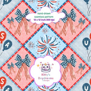 Motivo patchwork senza soluzione di continuità con fiocchi, palloncini e fuochi d'artificio per il 4 luglio / Disegno realizzato a mano / Tema USA / PNG 300 DPI