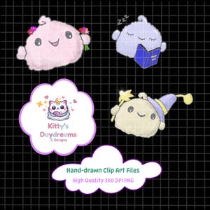 May include: A set of hand-drawn clip art files with cute, whimsical characters. The designs include a pink character with flowers, a blue character reading a book, a character with a wizard hat, and a logo that says "Kitty's Daydreams & Designs."