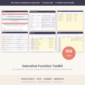 May include: An Executive Function Toolkit digital planner featuring six distinct dashboard views including The Seven Functions, Week Plan, and Progress trackers. The layout includes tables for task management, color-coded sections, and a red circle with 100 TASKS.