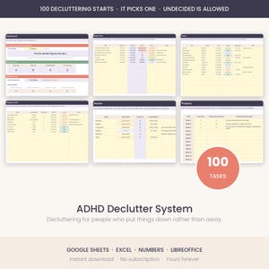 Op de afbeelding: Een digitaal ADHD-opruimsysteem spreadsheet-sjabloon met zes verschillende tabbladen genaamd Dashboard, Maybe Box, Zones, Donate & Sell, Rooms en Progress. De interface bevat tabellen voor het bijhouden van taken en doelen.