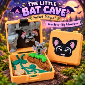 May include: An orange plastic pocket playset titled The Little Bat Cave with the text Tiny Bats Big Adventures. The open case features a gray bat hanging from a rock formation, a standing gray bat, green vines, and a brown rock. The closed case lid displays a black bat face graphic.