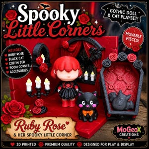 May include: A 3D printed playset titled Spooky Little Corners featuring a Ruby Rose doll with red hair, a black cat, and a coffin bed. The set includes a room corner, a candelabra with three white candles, and accessories. The color palette is primarily red and black with rose accents and text labels.