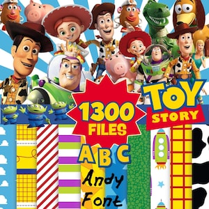 May include: A digital graphic featuring Toy Story characters including Woody, Buzz Lightyear, Jessie, Rex, and Slinky Dog against a blue sunburst background. A red starburst contains the text 1300 FILES TOY STORY ABC Andy Font.