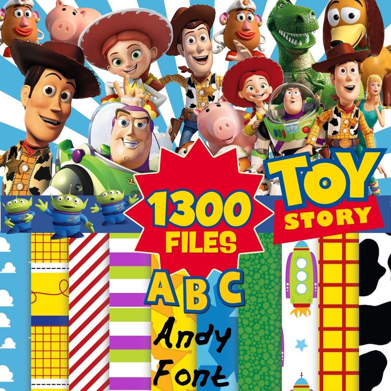 May include: A digital graphic featuring Toy Story characters including Woody, Buzz Lightyear, Jessie, Rex, and Slinky Dog against a blue sunburst background. A red starburst contains the text 1300 FILES TOY STORY ABC Andy Font.