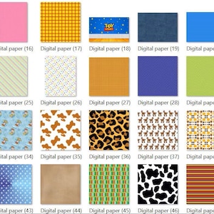 May include: A collection of thirty-five digital paper sheets featuring various patterns including solid colors, animal prints, stripes, polka dots, and Toy Story themed designs, each labeled with a specific digital paper number for identification.