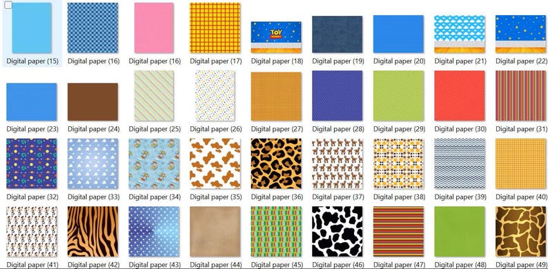 May include: A collection of thirty-five digital paper sheets featuring various patterns including solid colors, animal prints, stripes, polka dots, and Toy Story themed designs, each labeled with a specific digital paper number for identification.