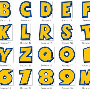 May include: A collection of yellow letters and numbers with a thick blue outline, arranged in a grid. Each character features a bold, blocky font style. The top left corner includes the text STORY and NAME-STORY in a small box.