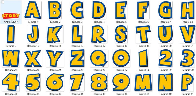 May include: A collection of yellow letters and numbers with a thick blue outline, arranged in a grid. Each character features a bold, blocky font style. The top left corner includes the text STORY and NAME-STORY in a small box.