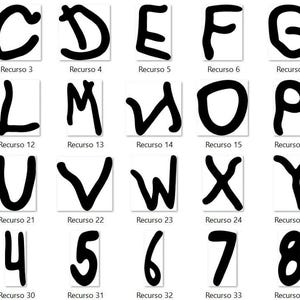 May include: A digital collection of black, hand-drawn style letters from A to Z and numbers from 0 to 9, each presented in an individual white square box labeled with a resource number from 1 to 36, arranged in a grid format on a white background.