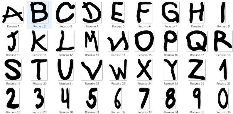 May include: A digital collection of black, hand-drawn style letters from A to Z and numbers from 0 to 9, each presented in an individual white square box labeled with a resource number from 1 to 36, arranged in a grid format on a white background.