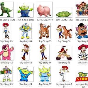 May include: A digital collection of Toy Story character illustrations including Woody, Buzz Lightyear, Jessie, Rex, Slinky Dog, Mr. Potato Head, and the green aliens, presented as a grid of individual file icons with labels.