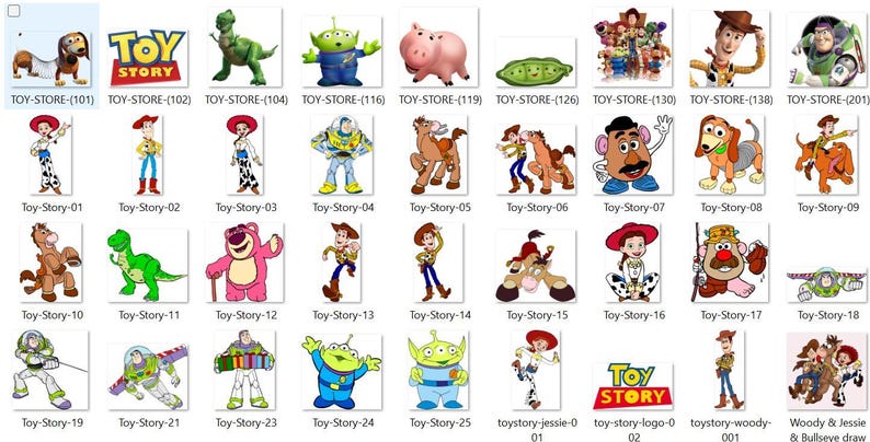 May include: A digital collection of Toy Story character illustrations including Woody, Buzz Lightyear, Jessie, Rex, Slinky Dog, Mr. Potato Head, and the green aliens, presented as a grid of individual file icons with labels.
