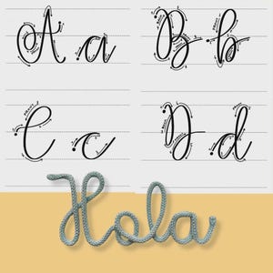 May include: A handwriting practice sheet displays the letters A, B, C, and D in both uppercase and lowercase, with directional arrows. Below, the word "Hola" is spelled out in a light blue rope-like material, set against a yellow background.