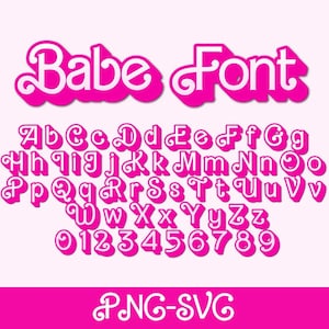 May include: A pink and white Babe Font design featuring the alphabet and numbers. The word "Babe Font" is at the top, with "PNG-SVG" at the bottom. The letters and numbers have a unique, decorative style.