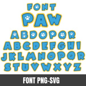 May include: A blue and yellow font set with paw prints. The word "FONT" is at the top, followed by "PAW". The alphabet is displayed in uppercase letters, each with a paw print. The text "FONT PNG-SVG" is at the bottom.
