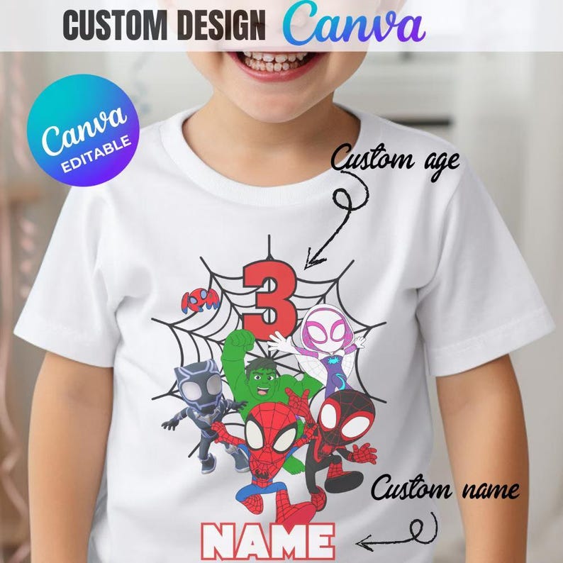 May include: White t-shirt featuring a colorful graphic of superheroes, a large red number 3, and a spiderweb design. The shirt has the text "NAME" at the bottom and "CUSTOM DESIGN Canva" at the top. The design is customizable.