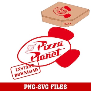 May include: A tan cardboard pizza box with the red Pizza Planet logo on the lid and the word PIZZA on the side. Below, a large red Pizza Planet graphic features a planet icon and a rectangular stamp that reads INSTANT DOWNLOAD in red text.