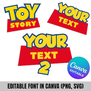 Może przedstawiać: Cyfrowy zestaw graficzny zawierający tekst TOY STORY, YOUR TEXT oraz YOUR TEXT 2 pogrubioną żółtą czcionką z niebieskimi obrysami, umieszczony na czerwonych trapezoidalnych tłach. Okrągła niebiesko-fioletowa odznaka zawiera napis Canva EDITABLE.