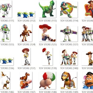 May include: A collection of digital images featuring various Toy Story characters including Woody, Buzz Lightyear, Jessie, Bullseye, Rex, Hamm, and Mr. Potato Head, each labeled with a unique identifier such as TOY STORE (108) through TOY STORE (152).