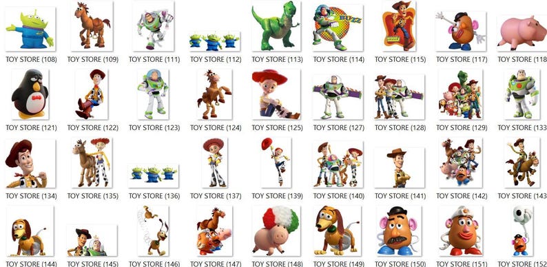 May include: A collection of digital images featuring various Toy Story characters including Woody, Buzz Lightyear, Jessie, Bullseye, Rex, Hamm, and Mr. Potato Head, each labeled with a unique identifier such as TOY STORE (108) through TOY STORE (152).
