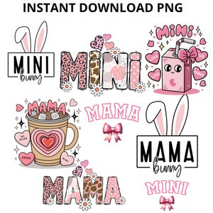 May include: A digital collection of graphic designs featuring the text MINI and MAMA, bunny ears, leopard print patterns, pink hearts, a juice box, a coffee mug, and bows. The designs include various pink, brown, and white color schemes.