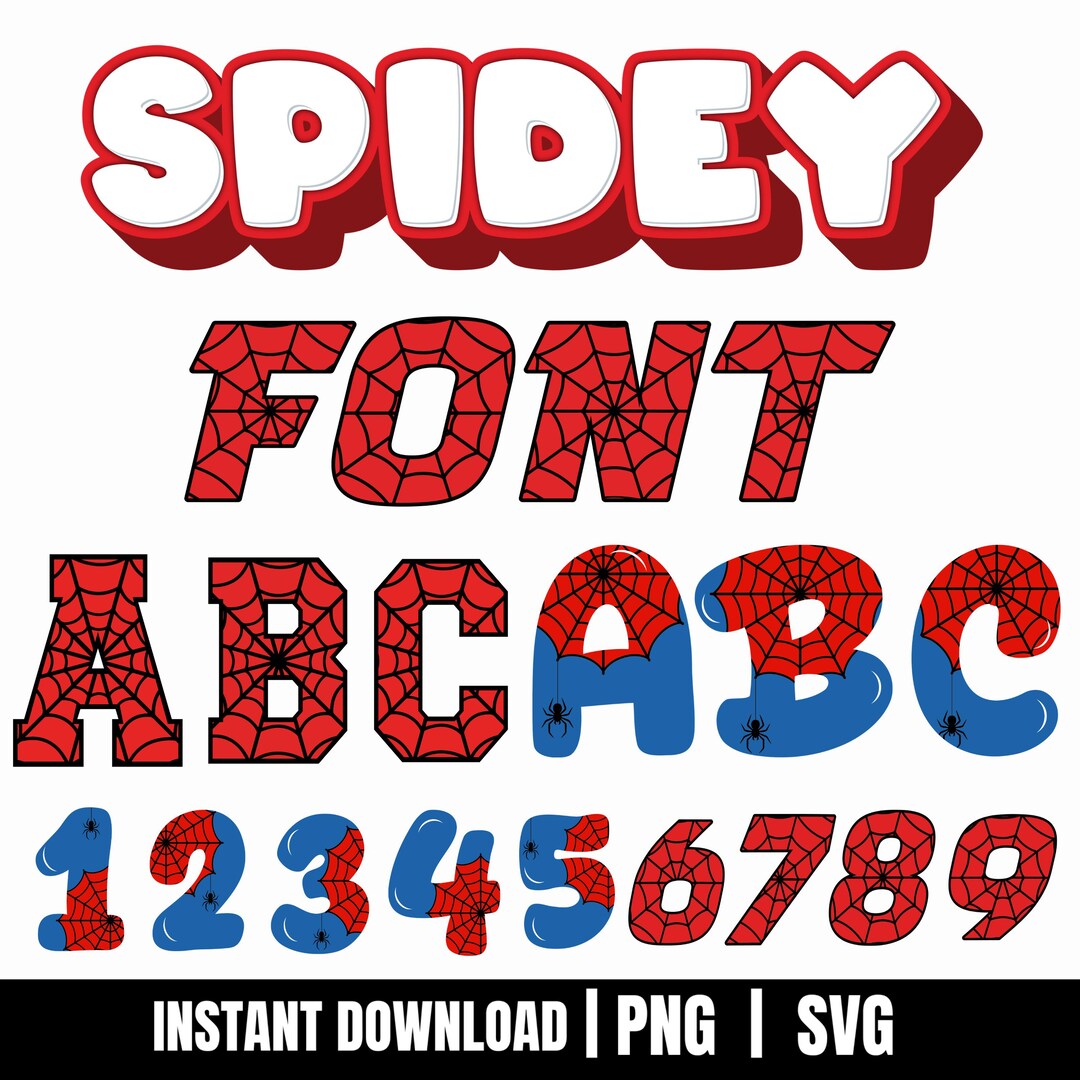 Spider Font, Spidey Font SVG PNG Bundle – Alphabet and Numbers (digital ...