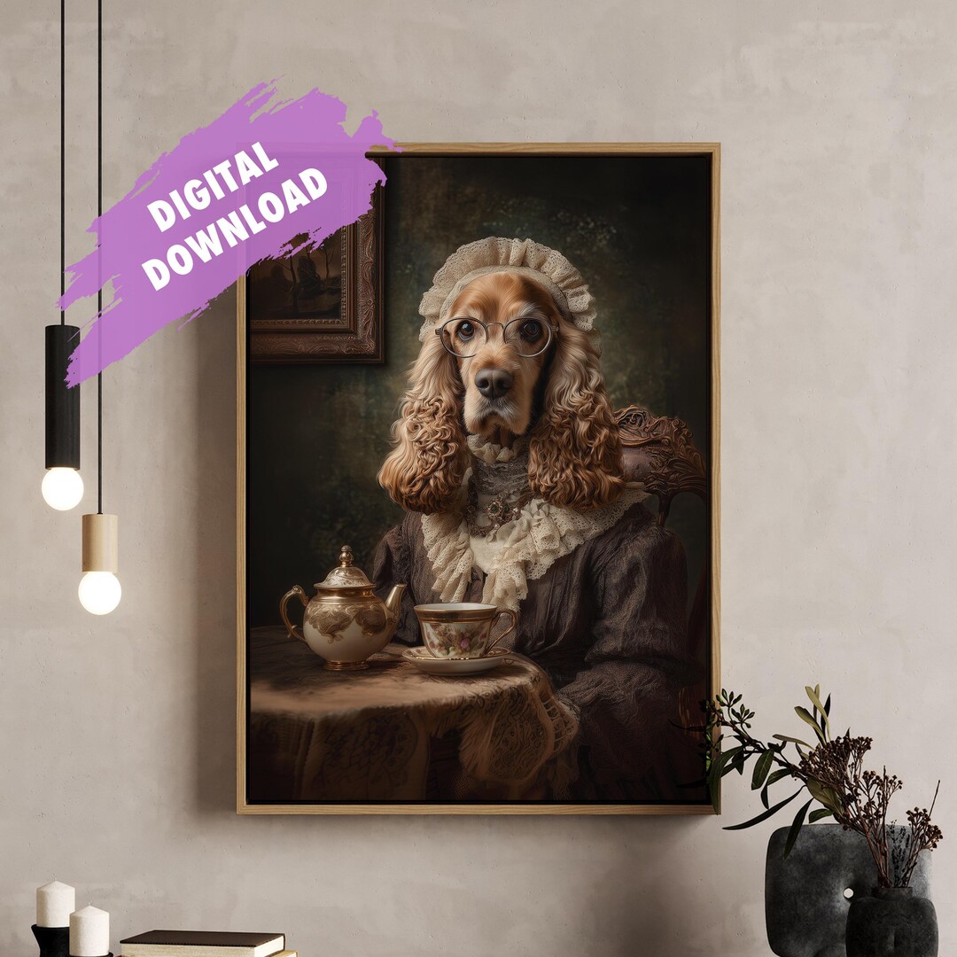 Cocker Spaniel Printable Wall Art – Funny Dog Portrait Tea Party Print ...