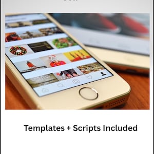 Puede incluir: Un teléfono inteligente dorado muestra un feed de Instagram con varias imágenes. La pantalla muestra un carrusel de fotos, incluyendo una corona navideña y una persona con un gorro de Papá Noel. El texto dice "Instagram Stories That Sell" y "Templates + Scripts Included".