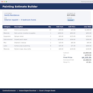 May include: A digital Painting Estimate Builder document for the Smith Residence, showing an interior repaint job. The table lists categories including labor, materials, and equipment with quantities, unit costs, sell prices, and line totals.