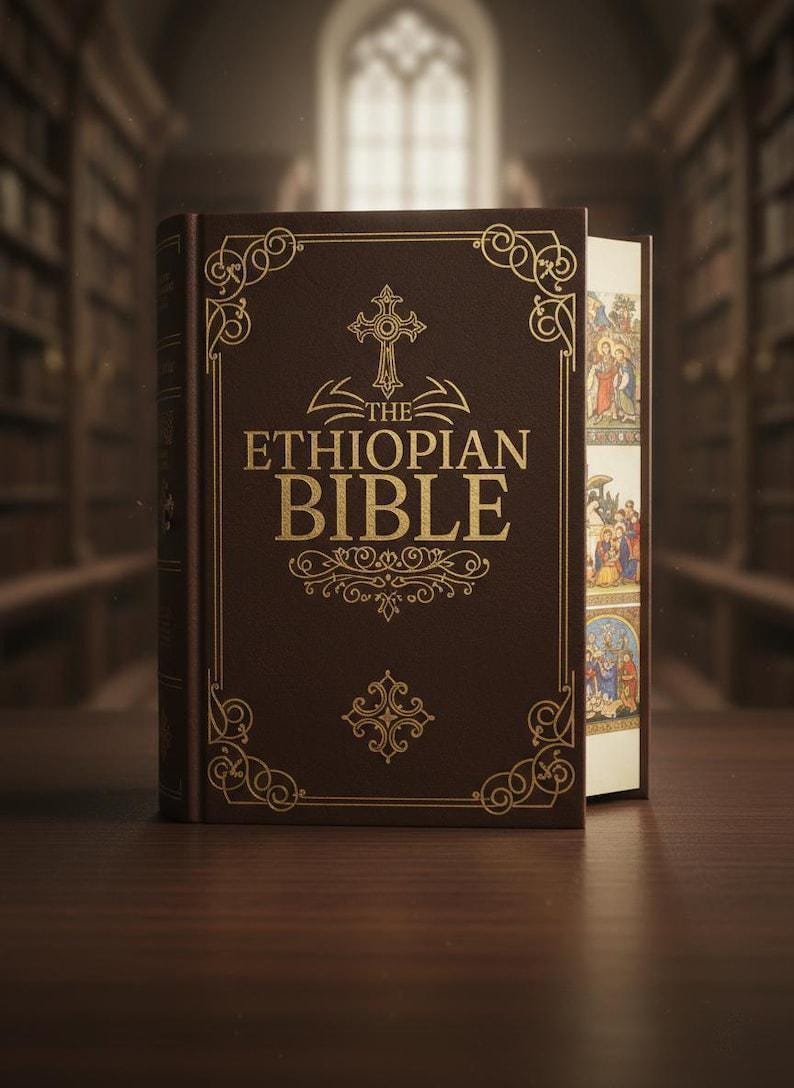 May include: A brown leather-bound book titled "THE ETHIOPIAN BIBLE" with gold lettering and decorative accents. The book is partially open, revealing colorful illustrations. The background features a blurred library setting.