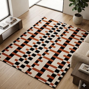 Modern Geometric Area Rug – Abstract Black, Rust & Cream Pattern | Contemporary Living Room Carpet | Minimalist Floor Decor