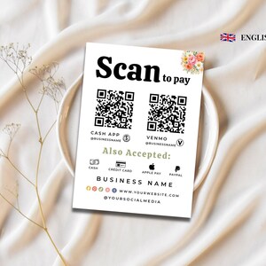 Peut inclure: Un panneau de paiement rectangulaire blanc avec le texte Scan to pay, deux codes QR pour Cash App et Venmo, et des icônes pour espèces, carte bancaire, Apple Pay et PayPal. Le panneau inclut des espaces pour le nom, site et réseaux sociaux.