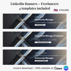 May include: Image of three LinkedIn banner templates for freelancers. The banners have a dark grey and gold geometric design with text including "Community Manager" and contact details. The image also states "Instant download • 100% editable on Canva."