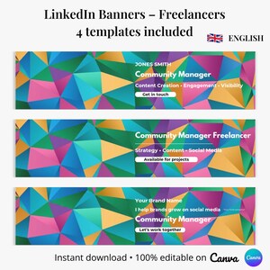 May include: Three LinkedIn banner templates for freelancers. Each banner has a colourful geometric design with text including "Community Manager" and contact details. The banners are editable in Canva.