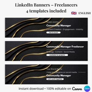 May include: A set of black and gold LinkedIn banner templates for freelancers. The banners have a dark background with gold wave designs and text including "Community Manager" and "Content Creation." The image includes the text "Instant download • 100% editable on Canva."