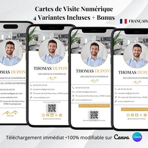 Peut inclure: Quatre écrans de smartphone affichant des modèles de cartes de visite numériques pour un décorateur d'intérieur nommé Thomas Dupont. Chaque écran présente un portrait circulaire, des coordonnées, un QR code et des icônes de réseaux sociaux.