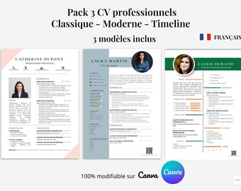3 Canva CV-paket + personliga brev | Klassiskt modernt tidslinje-CV | Professionella 1-sidiga CV-mallar | Direkt nedladdning