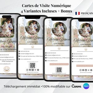 Op de afbeelding: Vier digitale visitekaartjes-sjablonen weergegeven op smartphoneschermen, met een ronde profielfoto van een taartontwerper, de naam Mélanie Dupont, contactgegevens, social media iconen en een QR-code, allemaal bewerkbaar op het Canva-platform.