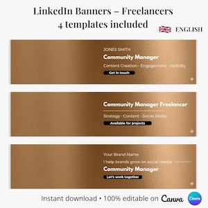 May include: A set of three LinkedIn banner templates for freelancers. The banners have a textured, bronze-colored background with white text. Each banner includes the title "Community Manager" and other related information. The text "Instant download • 100% editable on Canva" is also included.