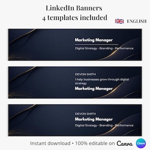 Könnte beinhalten: Vier LinkedIn-Banner-Vorlagen mit einem dunkelblauen und goldenen Design. Jedes Banner enthält Text wie "Marketing Manager" und "Digital Strategy". Das Bild enthält auch den Text "Sofortiger Download • 100 % editierbar auf Canva."