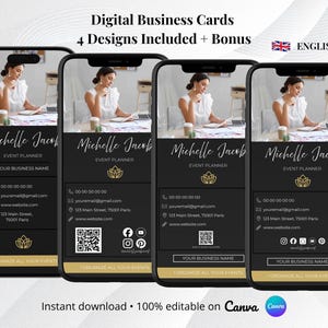 Peut inclure: Quatre écrans de smartphone affichant des modèles de cartes de visite numériques avec un thème noir et or. Chaque carte présente le nom Michelle Jacob, le titre Event Planner, des coordonnées, une icône de lotus doré et le texte I ORGANIZE ALL YOUR EVENTS.