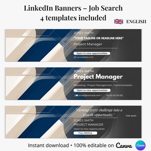 Peut inclure: Modèles de bannières LinkedIn pour la recherche d'emploi, avec un design gris foncé et beige. Les bannières comprennent des champs de texte pour le nom, le slogan et les coordonnées d'un chef de projet. Le texte "Open to new opportunities" est également inclus.