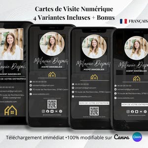 Peut inclure: Quatre modèles de cartes de visite numériques affichés sur des écrans de smartphone, avec une photo circulaire, le nom Mélanie Dupont, le titre agent immobilier, des coordonnées, un QR code, des icônes de réseaux sociaux et un logo maison doré.