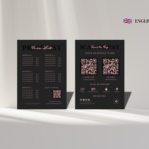 Peut inclure: Deux panneaux professionnels rectangulaires noirs avec du texte et des accents en or rose. Le panneau de gauche affiche une liste de prix avec des descriptions de services et un QR code. Le panneau de droite présente deux QR codes de paiement.